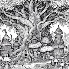 a fairy village in trees.