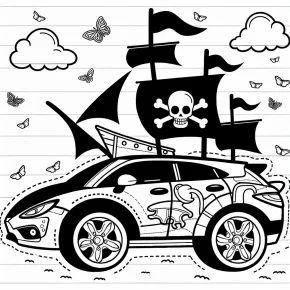 a car with a pirate ship.