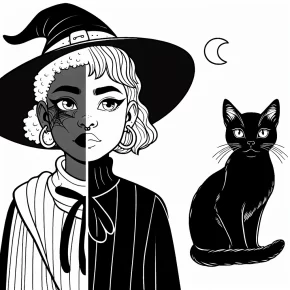 a witch with a black cat.